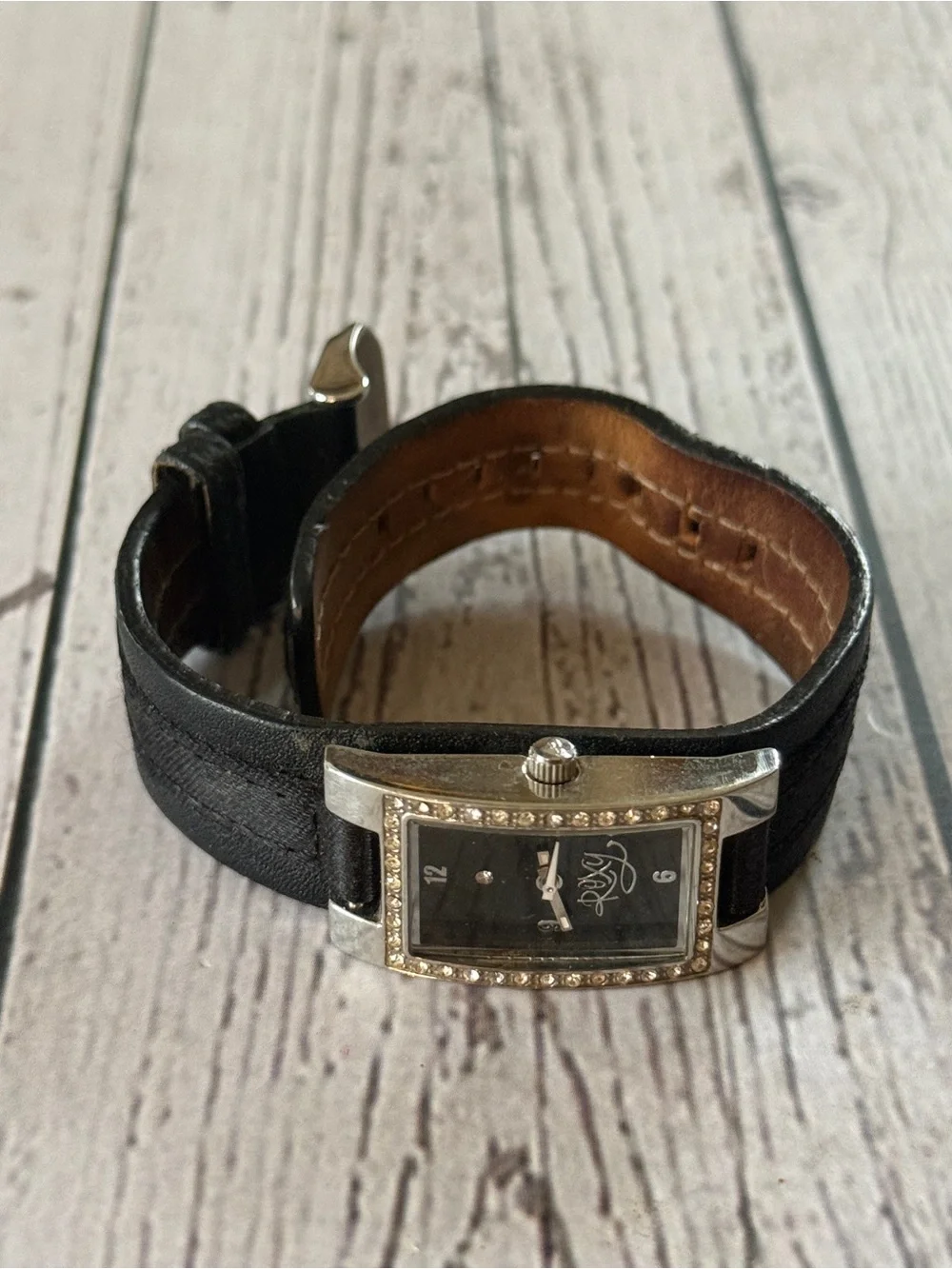 Roxy Black Leather Strap Crystal-Trim Rectangle Watch